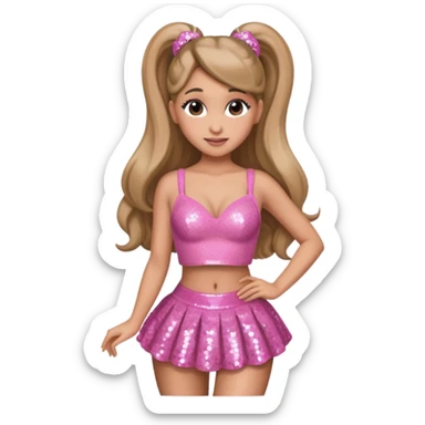 Ariana Grande with dark blonde hair, pink sequin bra, pink sequin skirt sticker