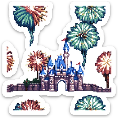 Disneyland Castle pixel art style, fireworks in the sky sticker