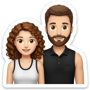 Criar Casal - Homem branco de cabelo liso e olhos marrom, com barba, usando camisa polo preta e mulher de pele branca cabelo cacheado marrom longo e olhos mel, usando uma regata branca, quero ela sorrindo sticker