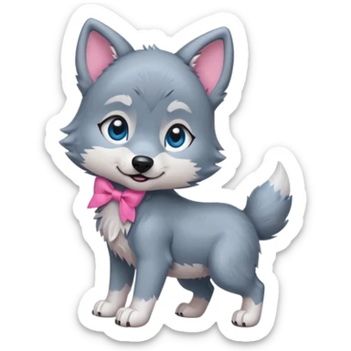 an animated gif-style sticker emote of a wolf puppy bent forward in a playful pose wagging its tail in a smooth, natural arc over its back. It has a pink bow in front of its ear and bright blue eyes sticker