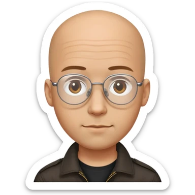 Man with small oval face and big forehead, aviator-style glasses, completely bald/shaved sides with very short curly dark hair only on top of head, neutral-friendly expression, light brown skin, wearing a black shirt sticker