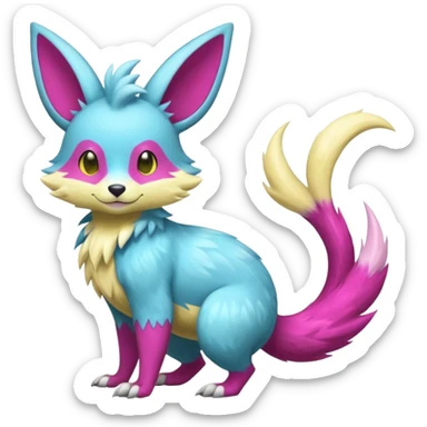 Shiny smooth silky soft Cyan-Yellowish-Magenta Minccino-Zeraora-Emolga-Vernid-Sergal-fusion-hybrid-animal-creature, full body sticker