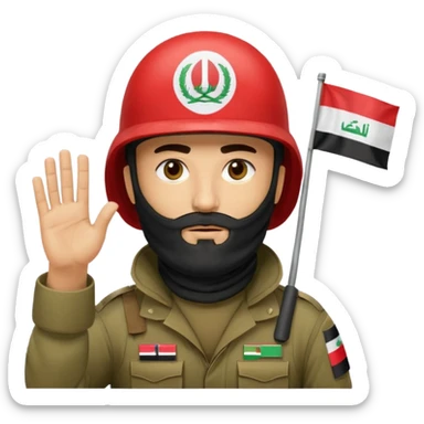 surrenders, depicts an Iraqi soldier from 1980, with a beard, in a helmet, a helmet with sign flag Iraq, with a balaclava, with sad eyes and both hands raised up sticker
