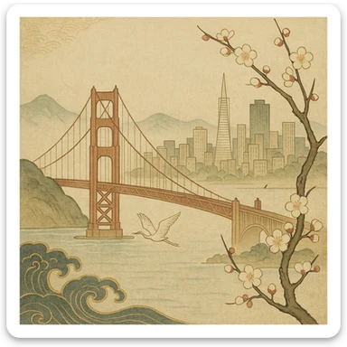 {
  "style_description": {
    "overall_look": "Traditional Japanese painting with a refined and serene aesthetic rooted in classical techniques",
    "material_simulation": {
      "primary_material": "natural pigments on washi or silk",
      "texture_detail": "subtle paper grain, matte finish, soft brushwork",
      "pattern": "occasional use of classical Japanese motifs such as plum blossoms, waves, or cranes"
    },
    "geometry": {
      "edge_style": "fluid and organic linework with gentle outlines",
      "dimensionality": "flat perspective with carefully balanced negative space"
    },
    "color_palette": {
      "scheme": "earthy and muted tones with occasional gold or mineral highlights",
      "preferred_colors": ["indigo", "sumi black", "reddish brown", "soft greens", "off-white"],
      "contrast": "low contrast, harmonious tones"
    },
    "lighting": {
      "type": "diffused, implied through tone rather than shading",
      "purpose": "maintain the contemplative and meditative quality of the piece"
    },
    "render_constraints": {
      "avoid": ["realistic lighting", "high saturation", "modern cartoon outlines", "digital gradients"],
      "focus_on": ["natural harmony", "elegance", "quiet emotional expression"]
    },
    "background": {
      "color": "neutral or light washi-inspired background",
      "style": "plain or softly patterned with traditional elements",
      "lighting_consistency": "flat and even, no cast shadows or dramatic highlights"
    }
  }
}

{subject} = san francisco sticker