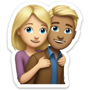 A guy with blue eyes and blond hair hugs a girl with brown eyes sticker