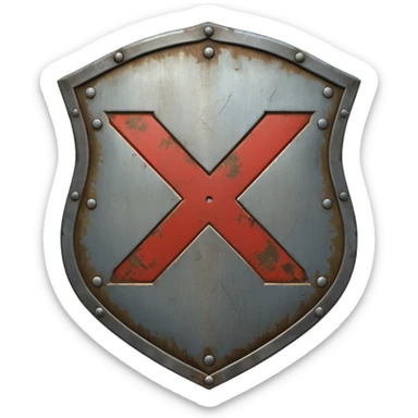 a battle worn steel shield with engraved text "XXX" (Three Xs), the text should be prominent and in the center of the shield sticker