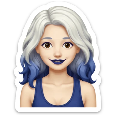 woman with wavy long white hair and brown eyes with dark blue lipstick smiling in a grunge tanktop sticker
