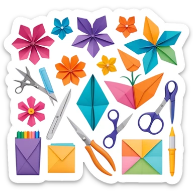 "Paper crafting icon, various paper crafts like origami, paper flowers, and scrapbooking materials, visible tools such as scissors, glue stick, and paper sheets, colorful paper patterns, minimalistic style, clean lines, transparent background." sticker