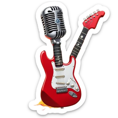 Create a fierce and edgy emoji representing hardcore rock vocal performance in a humanless collage. The design should feature a vintage microphone at the center, Add crossed drumsticks behind the microphone to symbolize the rhythm and power of the drums. surrounded by a menacing, distorted electric guitar with sharp, aggressive angles. Include subtle elements like lightning bolts, flames, or jagged sound waves to evoke the raw energy and intensity of hardcore rock. Use dark, intense colors like black, red, and silver, with a metallic, gritty finish to convey the rebellious, aggressive spirit of the genre. The background should be transparent. sticker