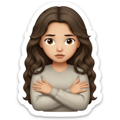 Hispanic light tan girl with long dark wavy hair with arms folded and pouting slightly. Wearing a long sleeve. sticker