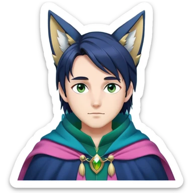 anime man with straight long dark-blueish-black-gradient hair, long black fox ears with pink Scapha, hazel-gradient-brown-turquoise eyes, gold earring, dark-blue-sweater, green cape,  sticker