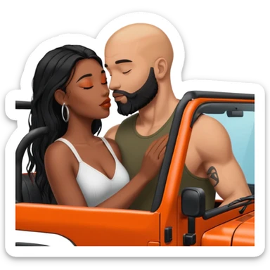 Intimate moment between lovers, JetSetFly, photo Realistic Couple, black woman with long black balayage hair is kissing bald white muscular man with orange facial hair and beard in a red Jeep Wrangler  sticker