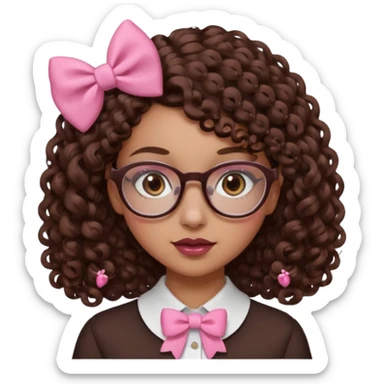 medium-lightskin girl with medium length chocolate brown side part curly hair, pink and white bow on the side, with brown glasses, brown eyes, noes piercing sticker