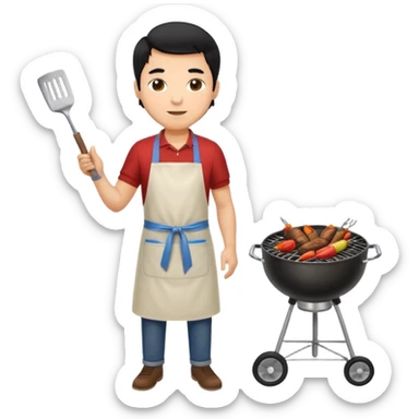 man cooking barbecue full-body black hair light brown skin sticker