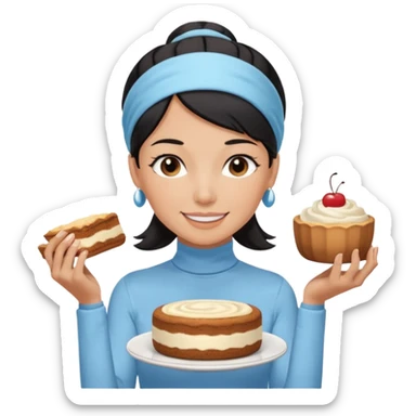  tan skin woman with long face, and short black hair slicked back ponytail with forehead showing, wearing a light blue headband and wearing pale blue turtleneck shirt, eating tiramisu smiling with middle parted hair sticker