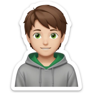 the face of an Anime teen boy with brown hair, green eyes, looking smiling slightly sideways positioned. Face must be main filling of the emoji. A little piece of hoodie can be visible. 128px sticker