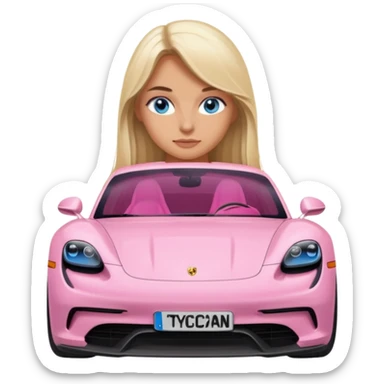 pink Porsche taycan with blonde girl, long hair, blue eyes, front view point of view, no sunglasses, sexy sticker