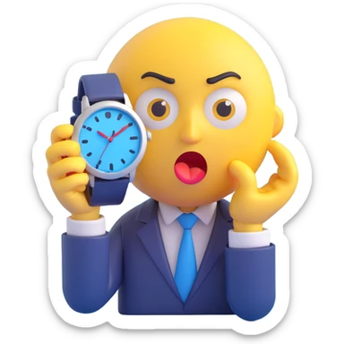 A yellow emoji face with a worried expression, looking at a wristwatch with raised eyebrows, showing urgency and stress sticker