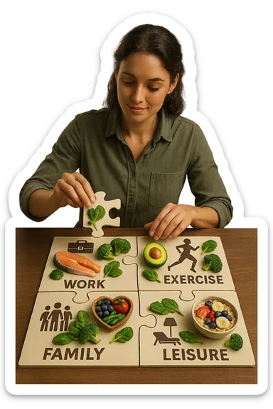 realistica cinematic photo a person is surrounded by puzzle pieces, each representing a different aspect of their life (work, exercise, family, leisure), and healthy foods are integrated into each piece. The person assembles the puzzle, creating a complete, personalized nutrition plan. The mood is uplifting and creative. in italiano sticker