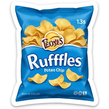 Draw a Ruffles chip bag in blue packaging with ridged potato chips spilling out. sticker