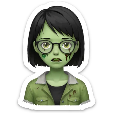 Green zombie girl with black short hair and side bangs in glasses sticker