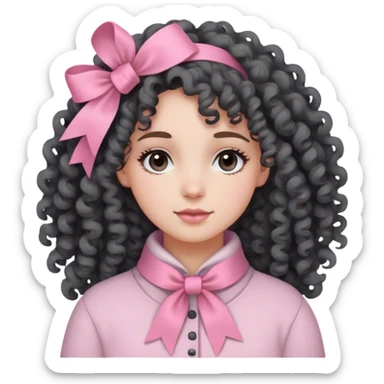 Kıvırcık uzun saçlı, siyah kömür gözlü, beyaz tenli kadın . Soft bir giyim, sadece saçında bir tane pembe kurdele.  sticker