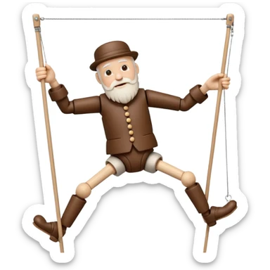3D render of Old Man Puppet as a wooden marionette puppet, Carved wood beard, silver metal screw joints at elbows and knees, polished brown wood texture, rigid toy pose, emoji style, isolated on white background --v 6.0. sticker