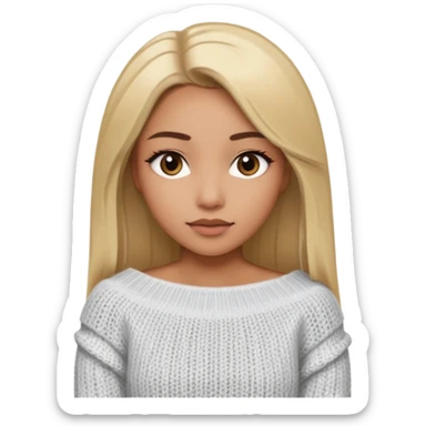 Mujer color de piel moreno claro, con cabello rubio largo, lacio y suelto, ojos negros viendo a la cámara, usando un suéter off shoulders blanco sticker