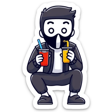 Masked man in dark clothes holding and sipping from a small juice box, comical contrast between serious appearance and childish action sticker