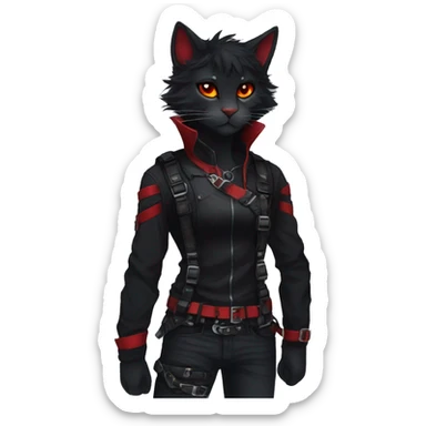 Anthro Edgy Cool Beautiful Black Cat-Fursona with Emo Hair-bangs with Red Streaks Chest Harness sticker