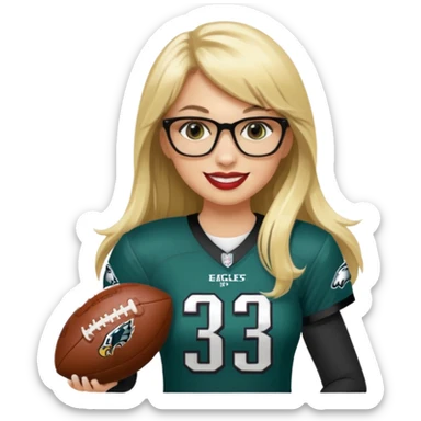 full length women wearing eagles uniform, long blonde hair, even bangs, black glasses, holding football, number 33, smiling, lipstick sticker