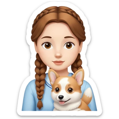 The girl with brown hair in a single braid is holding a white corgi sticker