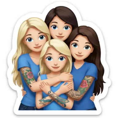 four white girlfriends hugging and smiling    2 women with brown eyes and long dark  hair. Two women with blue eyes and light blonde hair. They like tattoos and getting in trouble  sticker