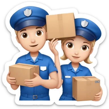 two suppliers in blue uniforms and caps holding a big box together, different pose sticker