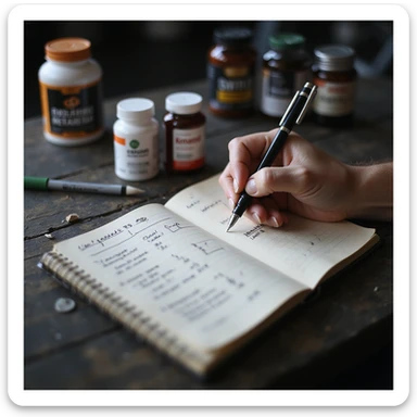 Bodybuilding coach filling out a protocol in a notebook, with visible text: 'Ciclo base: testosterone enantato 250 mg/settimana, 8 settimane, tamoxifene 10 mg/die.' Desk with supplements and pen, gym environment, hyperrealistic 4K details. sticker