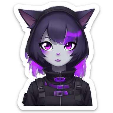 Gorgeous furry gothic dark techwear anime style anthro black cat furry sona Fakemon with blushing face aesthetic and pretty edgy black with violet collar and harness trending style sticker