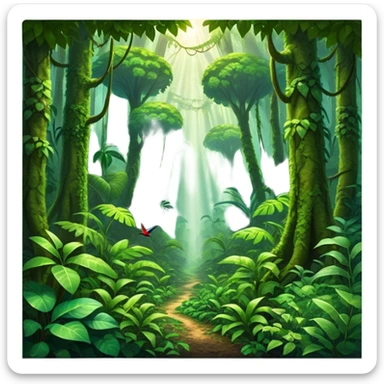 Cinematic Realistic Rainforest Emoji in a frame, Lush and vibrant, filled with towering trees, thick vines, and dense green foliage, sunlight filtering through the canopy above, creating dappled patches of light on the rich, diverse undergrowth. The air is heavy with moisture, with mist rising from the forest floor and distant calls of exotic birds and animals echoing through the trees. Soft glowing outline, capturing the essence of a thriving, untamed tropical paradise filled with life! sticker