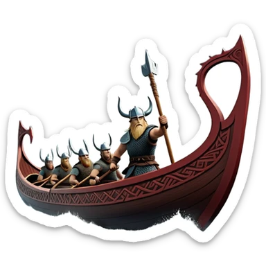 detailed-cinematic-viking-longboat, rendered in a flat, bold vector style with minimal shading, featuring a striking dragon-headed prow slicing through waters. shields on the side and vikings rowing The longboat’s, the boat has carved motifs evoke a sense of epic adventure and Nordic might, with billowing sails catching a dramatic, stormy sky backdrop. sticker