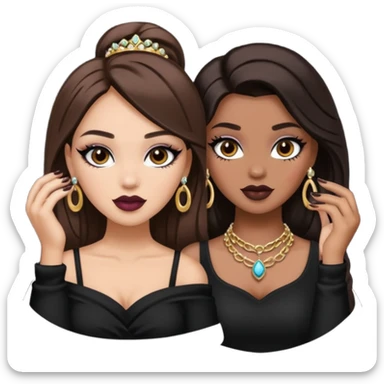 Boujy baddie best friends, trendy heavy makeup both dark hair one light skinned and one mocha brown pretty hair style both wearing black and jewelery  sticker