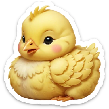 Meme-Worthy Cute Sleeping Yellow Baby Chicken Portrait Emoji, Head resting peacefully with a contented smile, showcasing a delightfully tiny build and a luxuriously soft bright yellow downy coat, eyes shut in a serene, restful nap, Simplified yet hilariously adorable features, highly detailed, glowing with a soft, drowsy light, high shine, relaxed and utterly lovable, stylized with an air of playful laziness, bright and heartwarming, soft glowing outline, capturing the essence of a comically sleepy chick, so meme-worthy it feels like it could instantly become the next viral sensation of adorable slumber! sticker