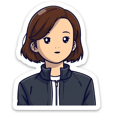 Light-skinned girl with brown hair wearing black jacket sticker