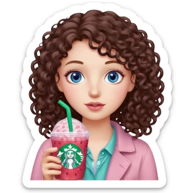 make an emoji of a loose curly brunette, blue-eye girl, wearing light pink drinking a strawberry acai refresher from starbucks sticker