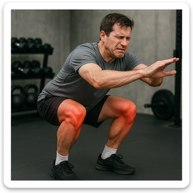 uomo che fa squat pieno di dolori e rossori articolari, per tecnica errata sticker