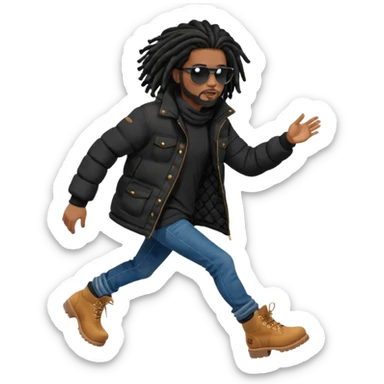 African American man brown skin complexion with black dreadlocks shoulder length wearing black bubble winter coat wearing black sunglasses with denim skinny jeans and timberland boots standing running sticker