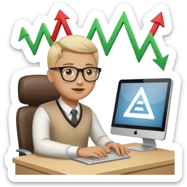 A person sitting at a desk working and looking at a computer with upward arrows and percentage signs, suggesting digital sales, marketing, or outreach. sticker