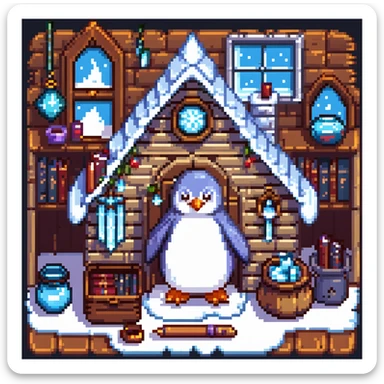 Cozy penguin wizard cottage with spell books, icy decorations, and magical artifacts sticker