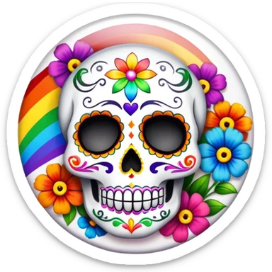 Beveled button with day of the dead sugar skull and rainbow colored flowers sticker