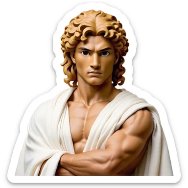 Cinematic Realistic Hercules Portrait, depicted as a classical Greek hero merging the fierce masculinity of the lion-wrestling Hercules with the refined face of Michelangelo's David. His light tan, chiseled skin glows with timeless strength, and his thick, curly, golden brown hair cascades in natural, sculpted curls reminiscent of a warrior’s mane. Draped in a flowing white robe with delicate golden accents and crowned with a traditional Greek laurel wreath, his intense, determined eyes exude noble might, all rendered under dynamic natural lighting with a mythic, radiant glow. sticker