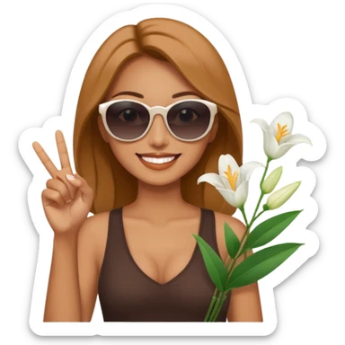 Relaxed sexy woman smiling holding lilies posing in shades  and flashing peace sign  hand sticker