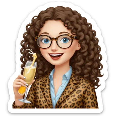a blue eyed woman with very long brunette curly hair, full lips,and really pale skin. She is wearing a leopard printed thin round-ish glasses . She is wearing fully brown clothes. She is celebration sth with a bottle of champagne and laughing sticker